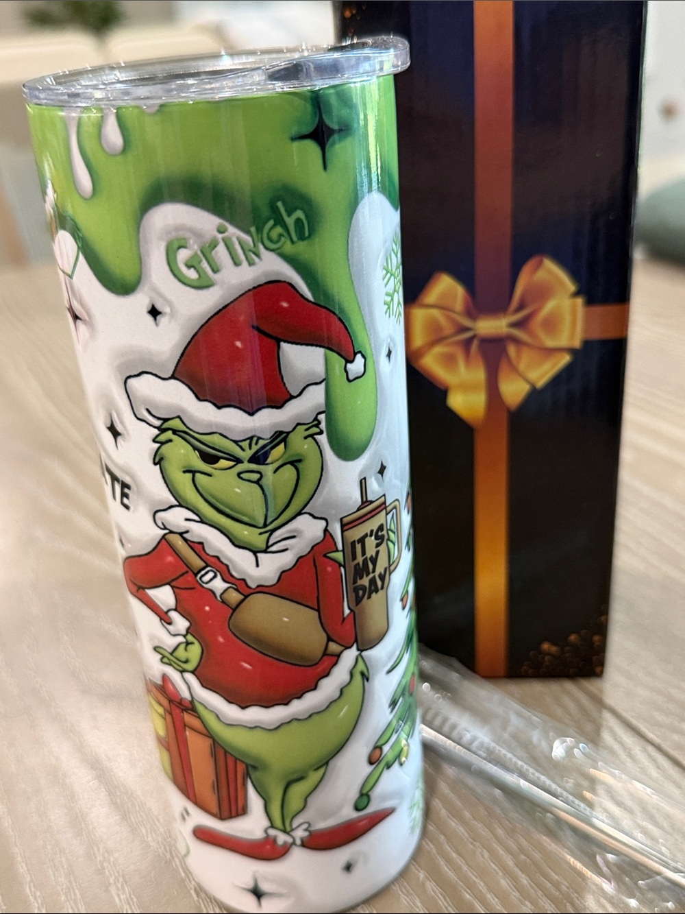 BRAND NEW CUSTOM Grinch Stainless Steel Tumbler NIB stainless straw & brush Incl